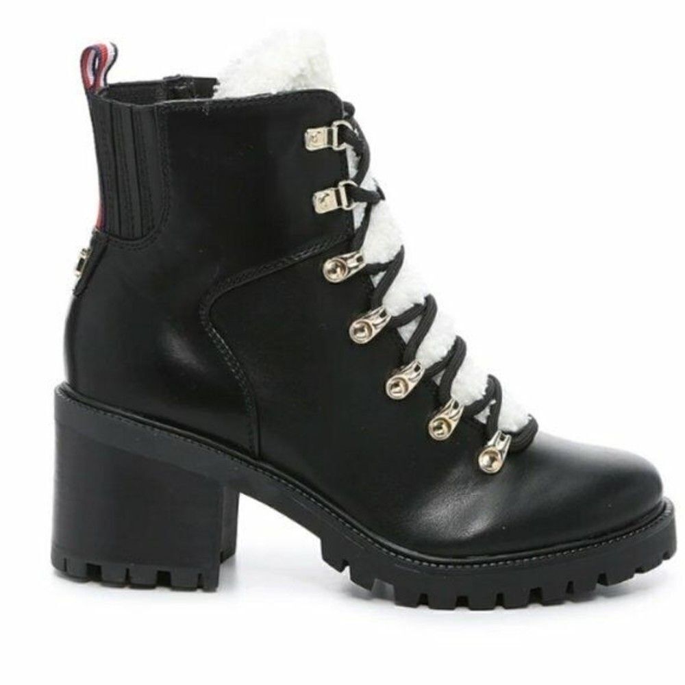 Biker Combat Boot Lace Up Zip Black Faux Shearling Lamere Size 10 Tommy Hilfiger